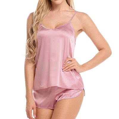 Women Sexy Pure Color Sling Sleepwear Set Silky Satin Pajama