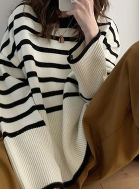 HELIAR Women Striped Loose Warm Sweater O-Neck Long Sleeve K