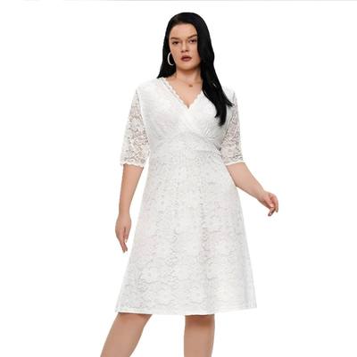 Plus Size Short Sleeve V Neck Party Evening Formal Lace Midi