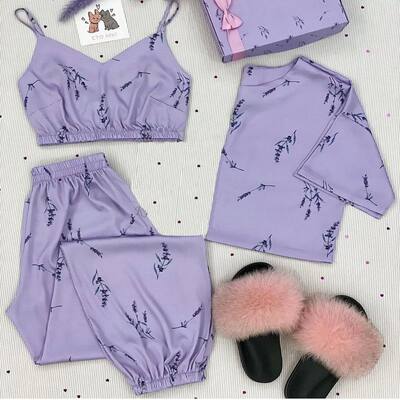 Silk Satin Pajamas Set Women Short Top&Long Pants Sleepwear