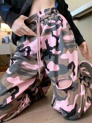 2024 Summer Camouflage Print Holes Women Pants Casual Y2k Ae