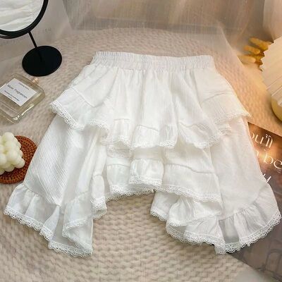 Elastic Waist White Black Irregular Mini Kawaii Skirt Japane