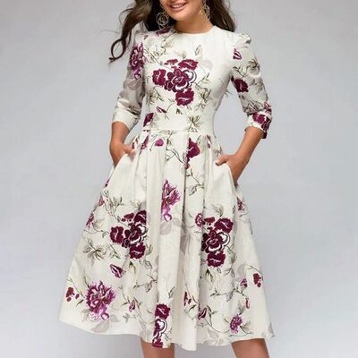 Boho Midi Dress Women Elegent A-Line Vintage Printing Party