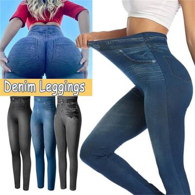 Women Jeggings Faux Denim Jeans Leggings High Waist Tummy Co