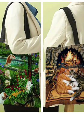 Bookshelf Black Cat Canvas Tote Bag, Large Capacity Shoulder