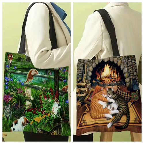 Bookshelf Black Cat Canvas Tote Bag, Large Capacity Shoulder