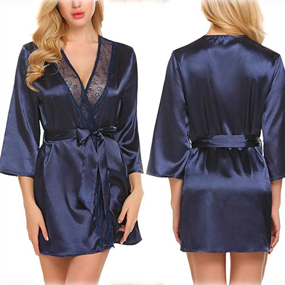 Women Sexy Satin Kimono Bathrobe Nightgown Lace Edge Half Sl