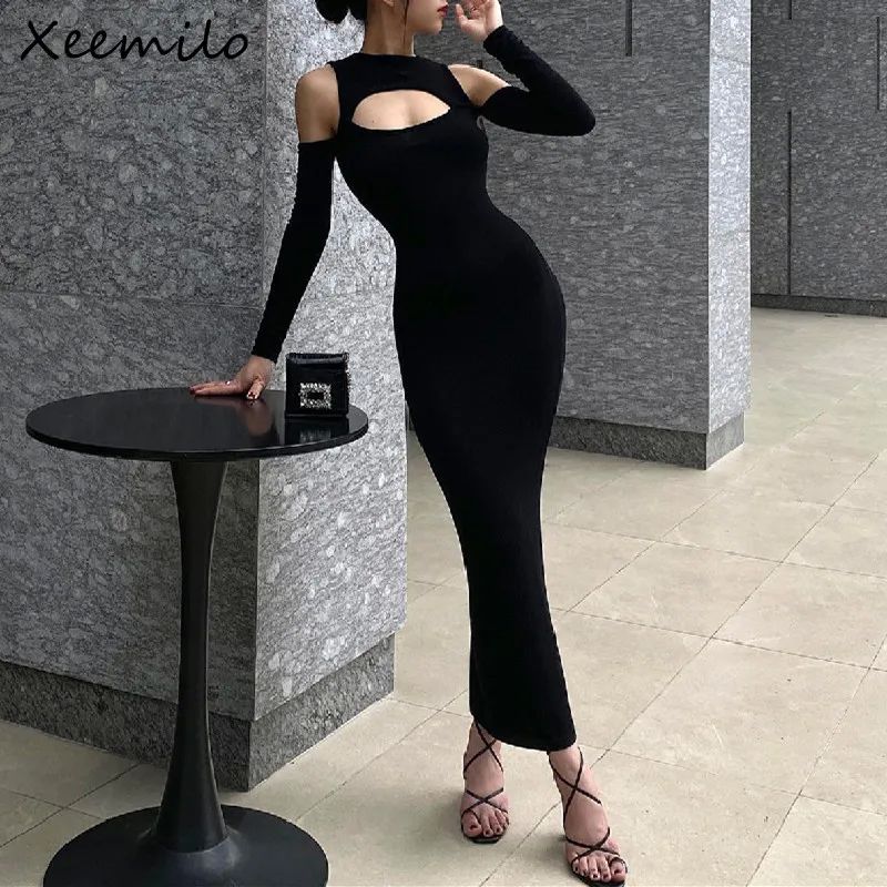 Xeemilo Elegant Hollowed Off Shoulder Maxi Dress Black Sexy