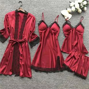 Elegant with Silky Pajama Set Splicing Pajamas Lace