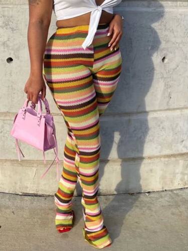 Weird Puss Colorful Striped Women Flare Pants Knitted Elasti