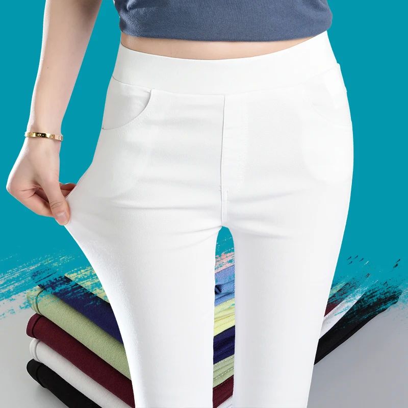 High Waist Black Solid Leggings Women Fall White Skinny Stre