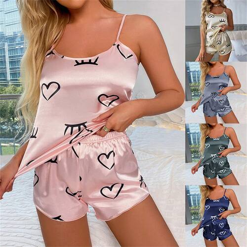 Sexy Heart Print Pajama Set Women's 2 Pieces Sleepwear Pyjam
