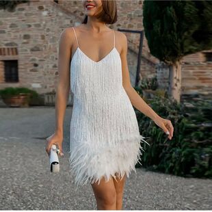 2023 New Sexy Tassel Sequins Feather Mini Dress Women Spaghe