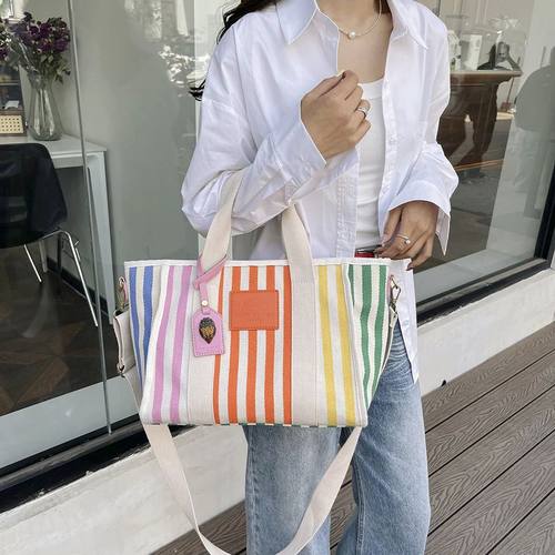 Summer Fashion Beach Bag Colorful Stripe Canvas Bag Handheld
