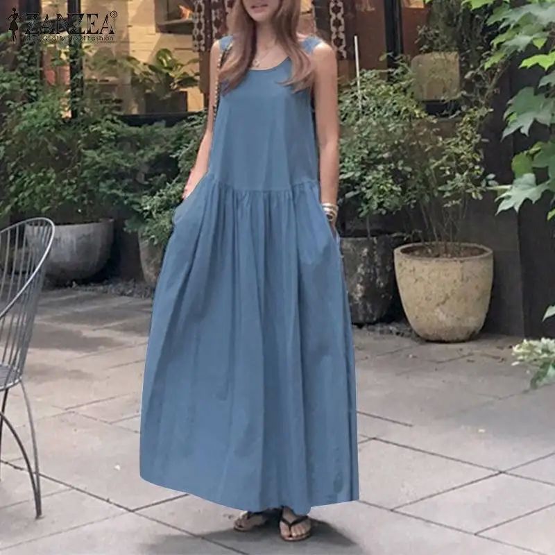 Elegant Denim Blue Dress Women's Summer Sundress 2023  Sleev