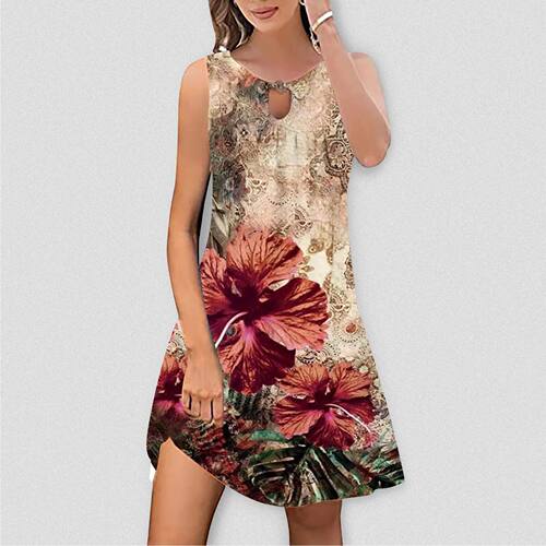 Women'S Floral Printed Casual Outfits Sleeveless Swing Dress