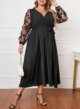 Plus Size Women Dress Ruched V Neck Floral Mesh Splicing Lon