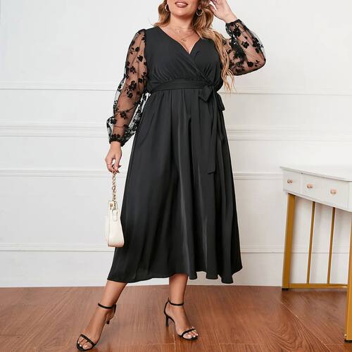 Plus Size Women Dress Ruched V Neck Floral Mesh Splicing Lon