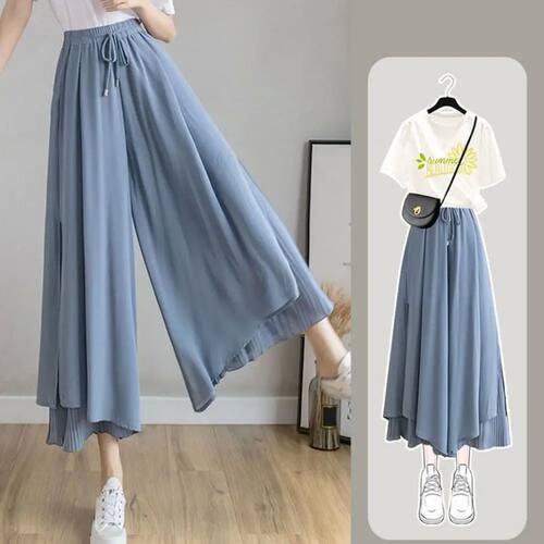 Women Pants Culottes Elastic Wide Leg Irregular Hem Double L