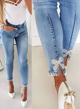 Streetwear Women's Jeans Slim Butterfly Sticky Flower Beaded