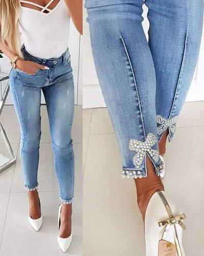 Streetwear Women's Jeans Slim Butterfly Sticky Flower Beaded