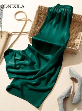 2024 Summer Korean Style Satin Women's Wide Leg Pants High W