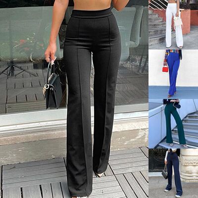 Womens Fashion Casual Work Pants Solid Color High Waist Stra