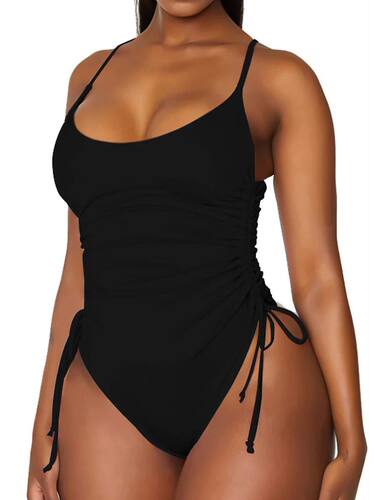 2023 Drawstring Swimwear Women One Piece Swimsuit Solid Plus