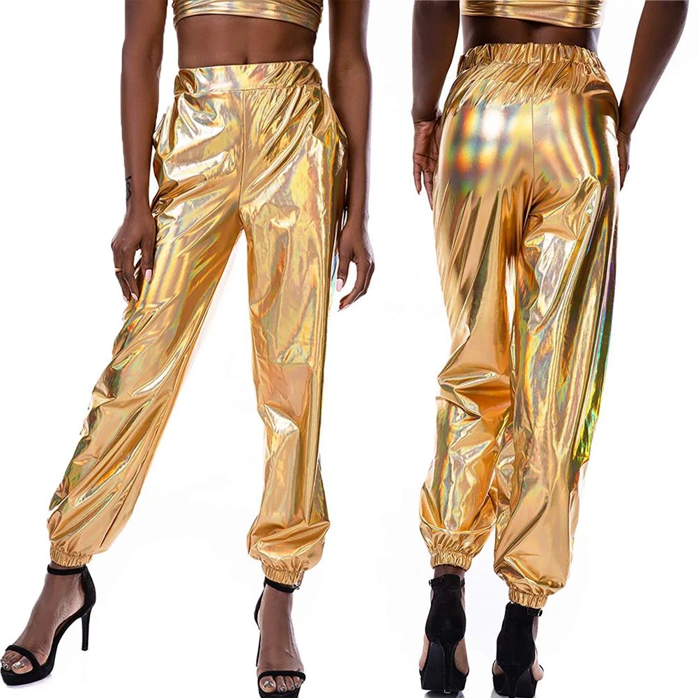 Women Smoothy Reflective Women High Waist Metallic Shiny Jog