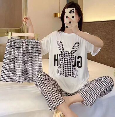Women's New Pajamas Three-Piece Female Summer Short-Sleeved