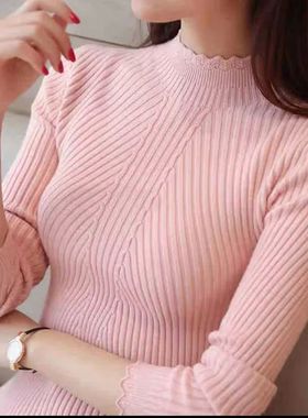 Women Mock Neck Ruffles Sweater Long Sleeve Knitted Bottomin