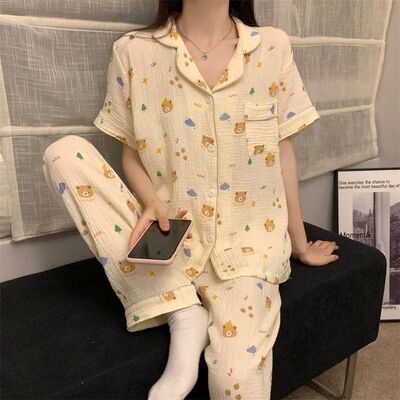 2023 Summer Cotton Short Sleeve Long Pants Pajama Sets For W