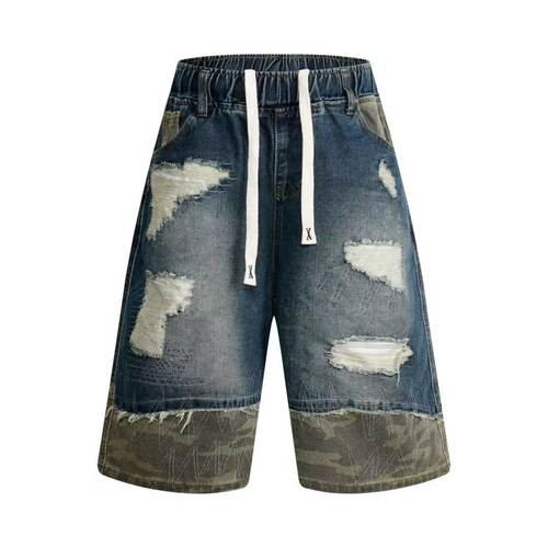 BL清美式高街迷彩拼接水洗做旧牛仔短裤六分裤松紧腰抽绳裤子男