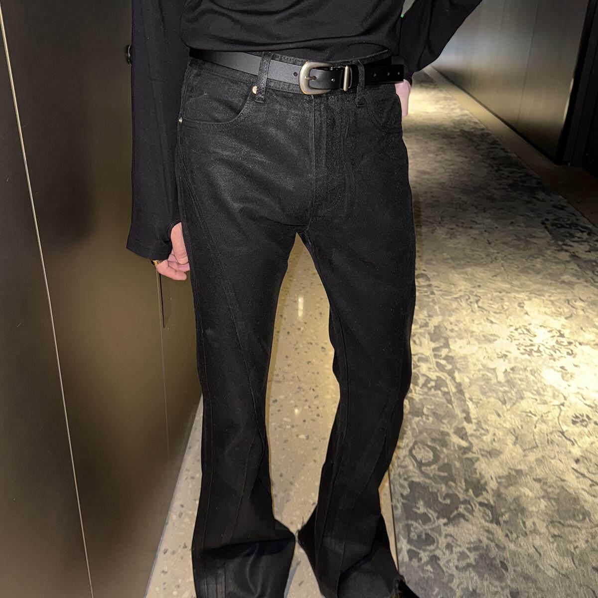 子上男装秋冬暗黑涂层牛仔裤直筒喇叭裤水洗渐变黑灰色设计感阔腿