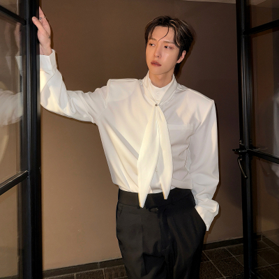 子上男装法式复古立领领带白衬衫