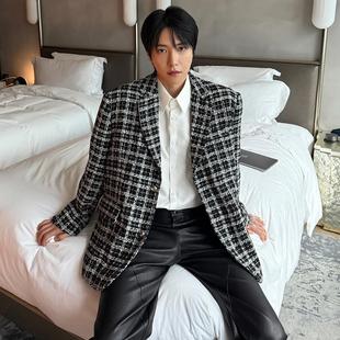 男高级感外套 马甲套装 子上男装 巴黎贵公子轻奢黑白格子小香风西装