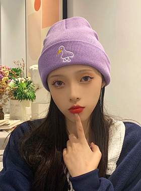 紫色毛线百搭针织帽甜美冷帽帽子