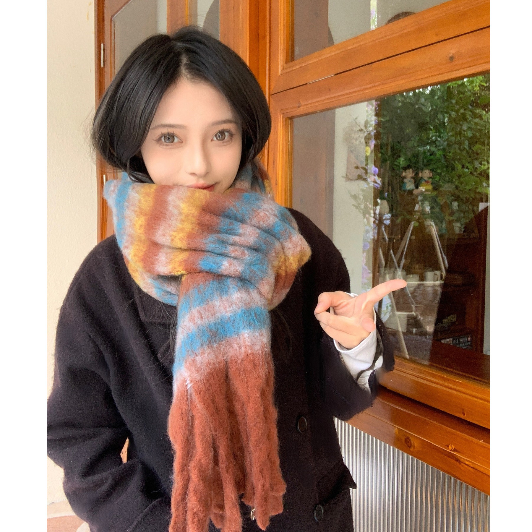 马海毛粗线流苏围巾女生秋冬季韩版彩色保暖围脖学生情侣披肩两用