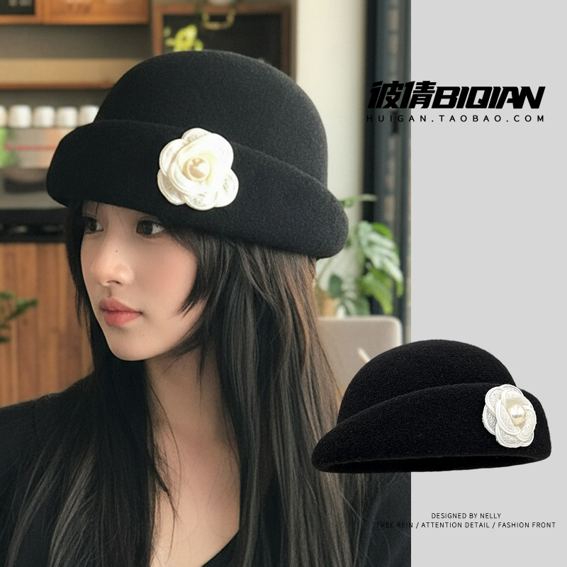 法式优雅气质赫本风山茶花千金礼帽子女秋冬季出游复古渔夫帽女潮