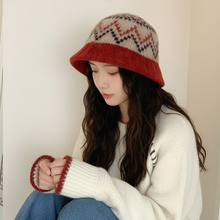 酒红色费尔岛毛线帽子女秋冬季2025盆帽包头针织渔夫帽加厚冷帽女