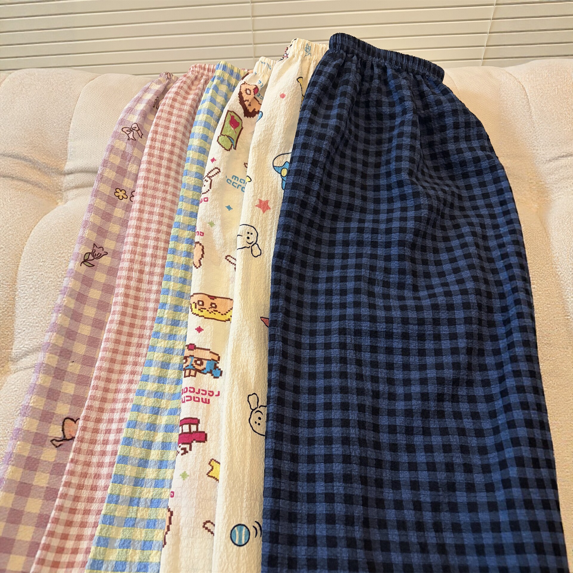 高个子加长睡裤女春秋季薄款家居遛弯休闲格子宽松阔腿裤子可外穿