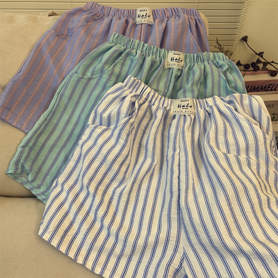 日系复古竖条纹可外穿睡裤女夏季薄款宽松休闲居家慵懒遛弯小短裤