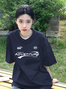 复古上衣 美式 高街纯棉短袖 t恤女夏潮牌2024新款 设计感小众情侣装