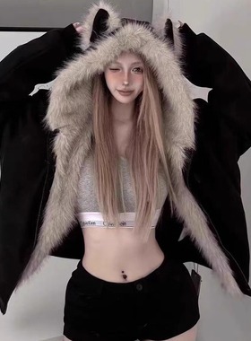 黑色小个子毛领棉服加厚连帽外套女保暖冬季棉袄宽松座山雕夹棉衣