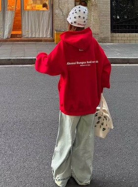 复古高街大红色连帽卫衣女韩系慵懒风潮牌美式情侣装外套oversize