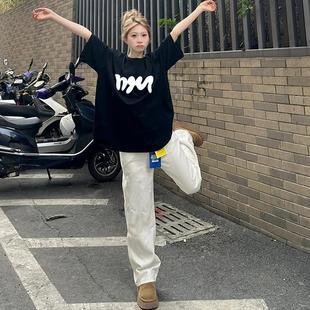 美式 宽松小众设计感潮牌复古上衣纯棉 高街重磅黑色短袖 T恤女夏季