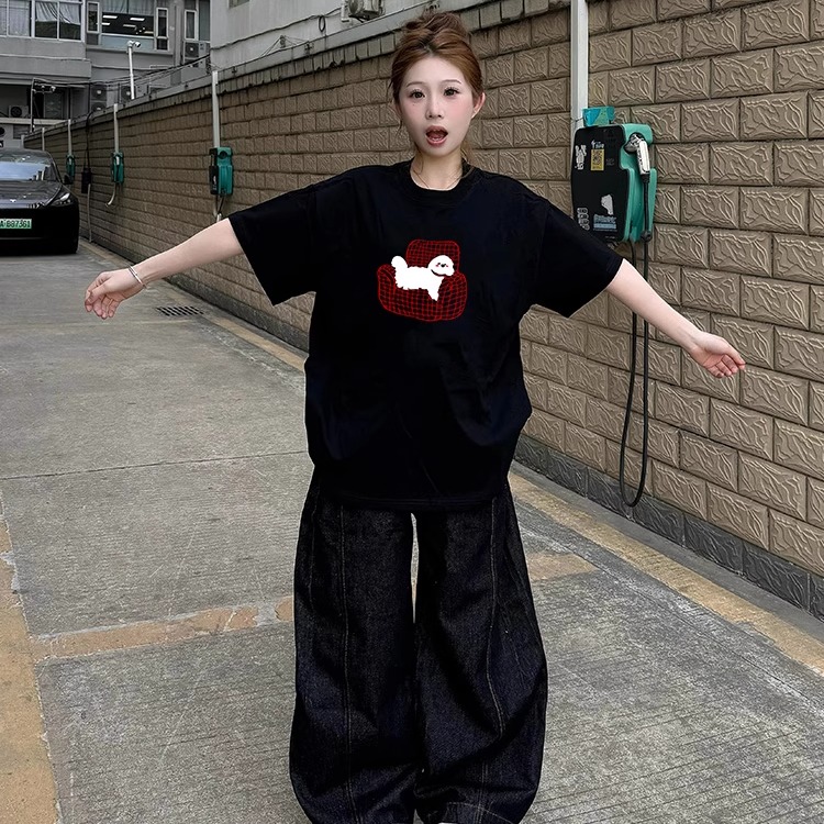 美式高街潮牌复古黑色短袖T恤女夏季宽松小众设计感半袖上衣纯棉