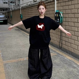 上衣纯棉 美式 高街潮牌复古黑色短袖 T恤女夏季 宽松小众设计感半袖