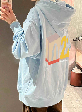 美式复古重磅浅蓝色卫衣女春秋2023新款oversize宽松bf慵懒风外套