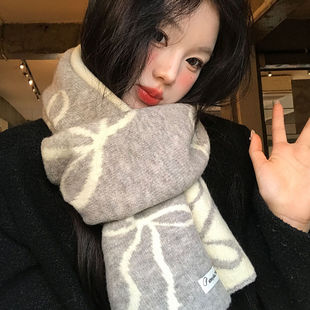韩系蝴蝶结灰色针织围巾女生冬季加厚保暖防寒护颈氛围感学生围脖
